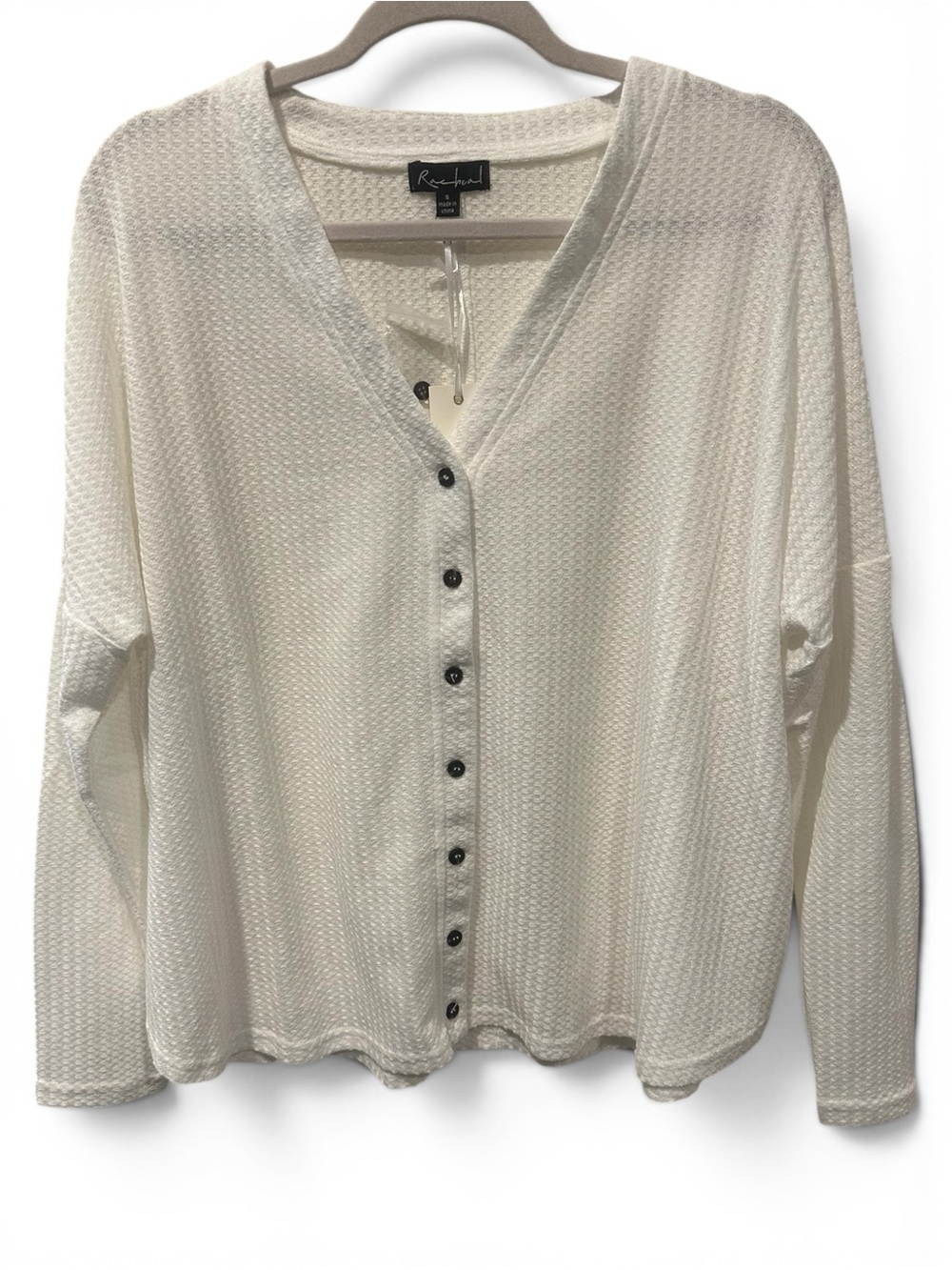 Rachel White Waffle-Knit V-Neck Button Cardigan Sm